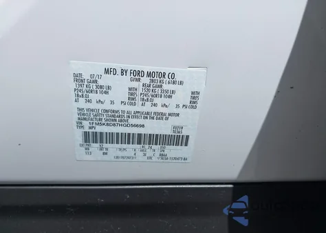 2017 Ford Explorer Xlt z USA, uszkodzony, nr VIN 1FM5K8D87HGD56698